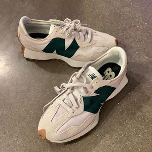 New balance white sneakers with green N.